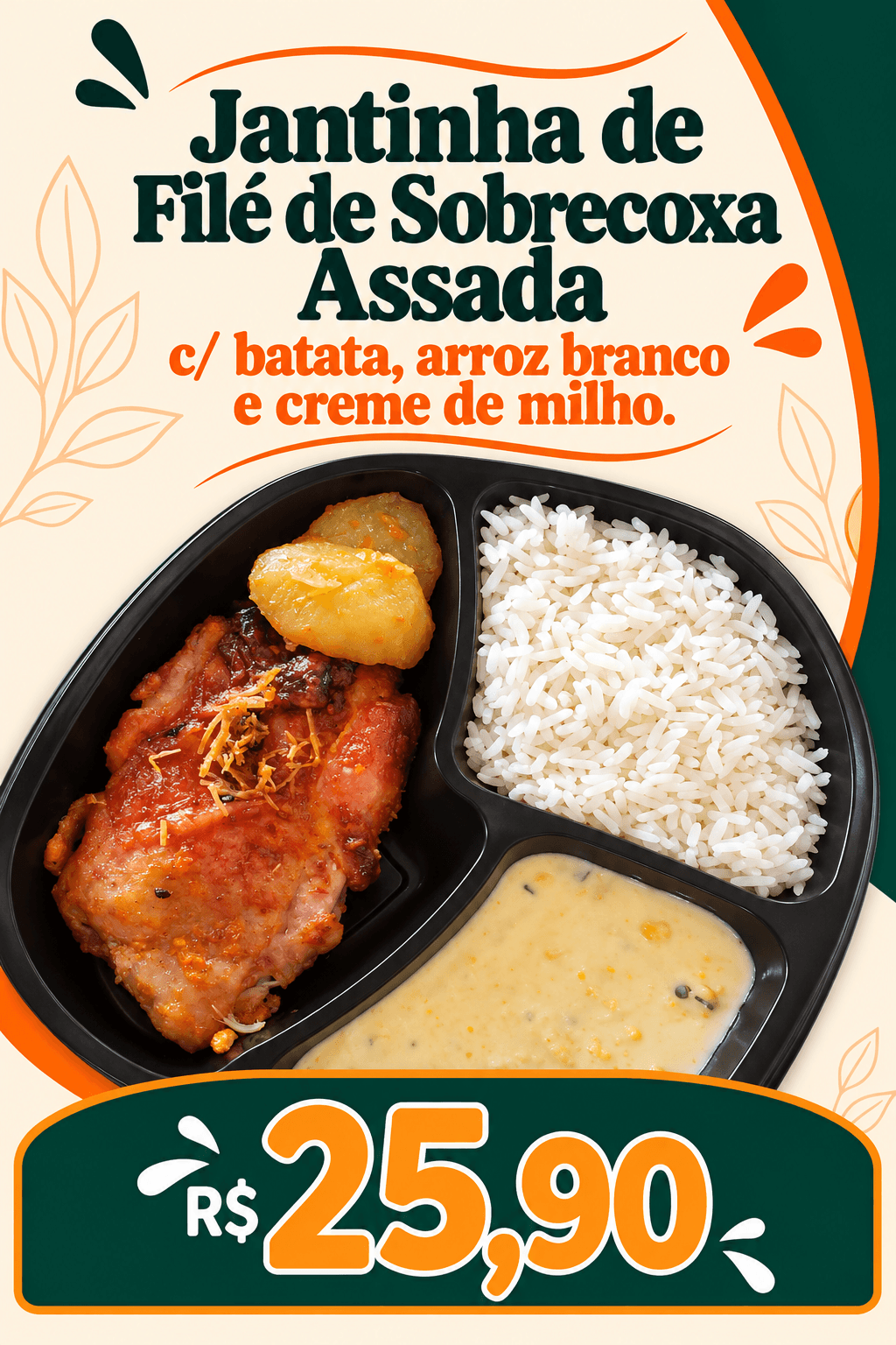 JANTINHA de Filé de Sobrecoxa com Batata, Arroz Branco e Creme de milho (400g)