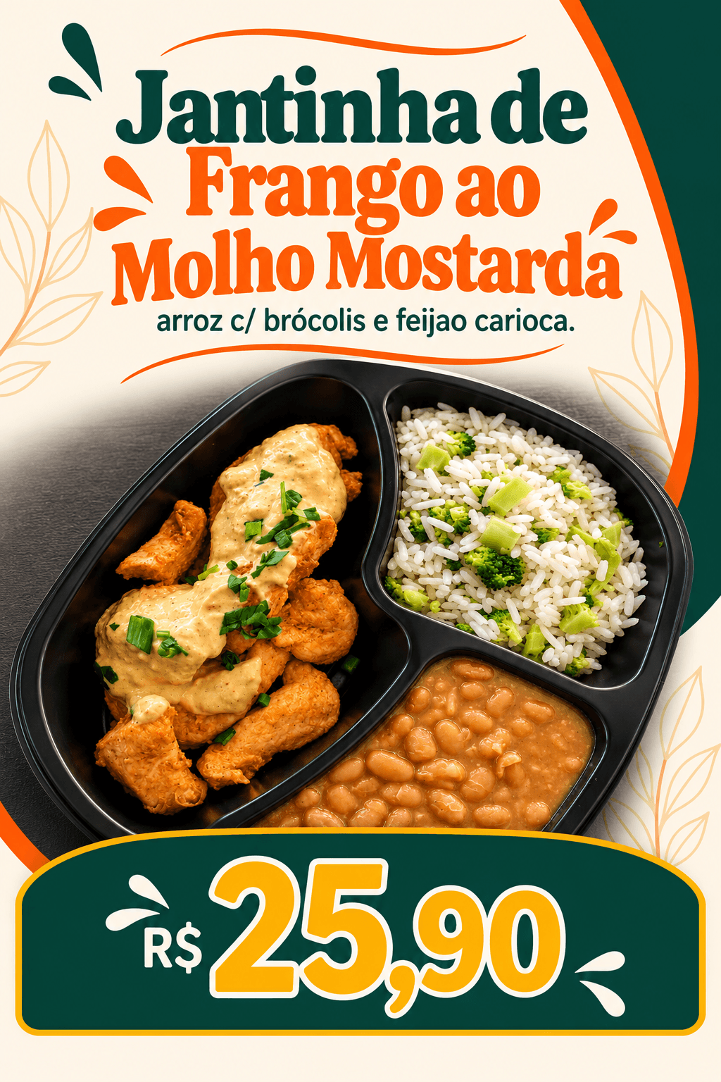 JANTINHA de Tiras de Frango Grelhado ao Molho Mostarda, Arroz c/ Brócolis e Feijão Carioca (400g)