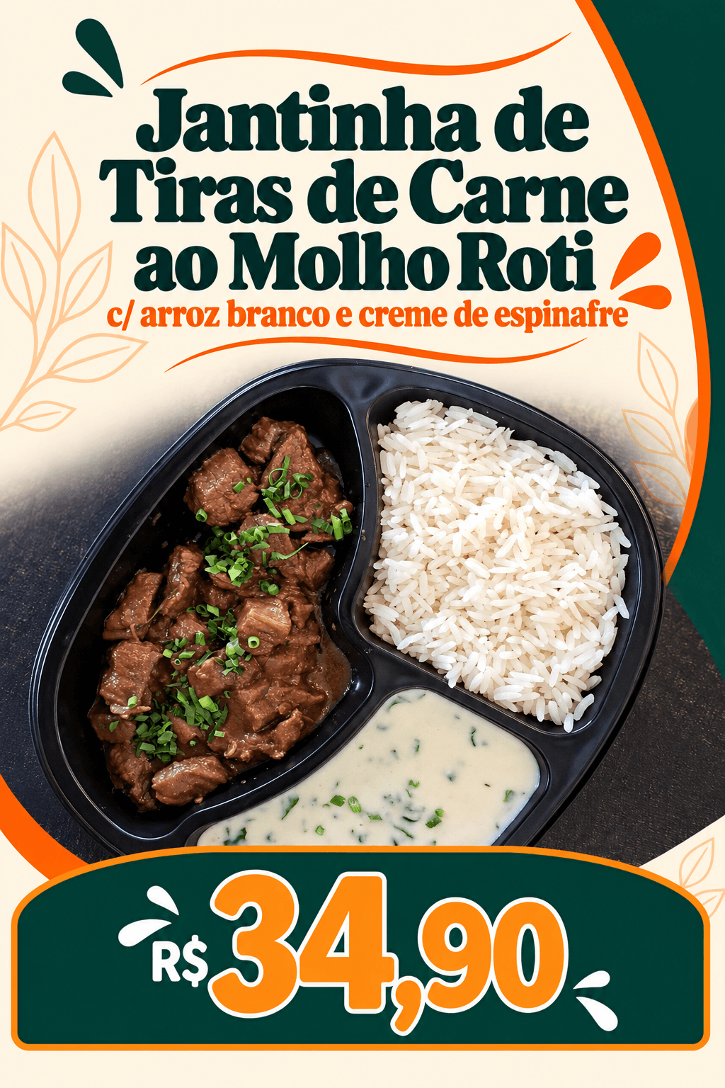 JANTINHA de Picadinho de Alcatra ao Molho Roti, Arroz Branco e Creme de Espinafre (400g)