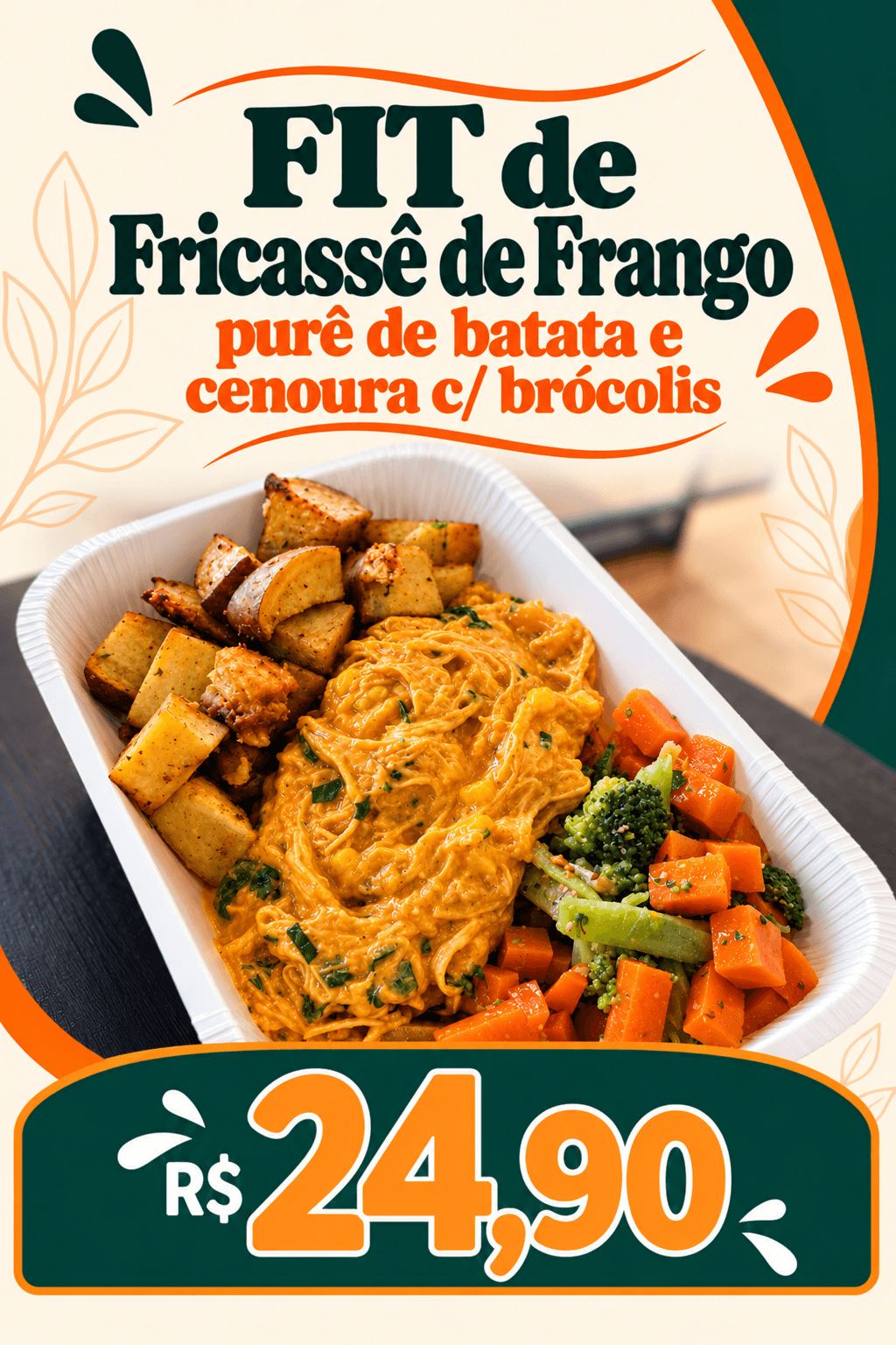 FIT de Fricassê de Frango, Batata Doce e e Cenoura c/ Brócolis