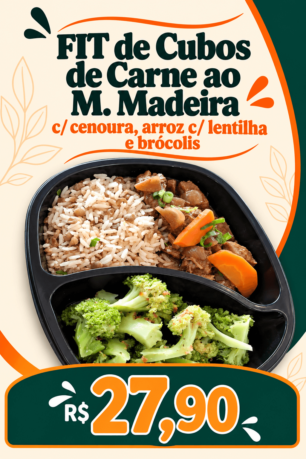 FIT de Cubos de Carne ao M. Madeira c/ cenoura, arroz c/ lentilha e brócolis refogado (300g)