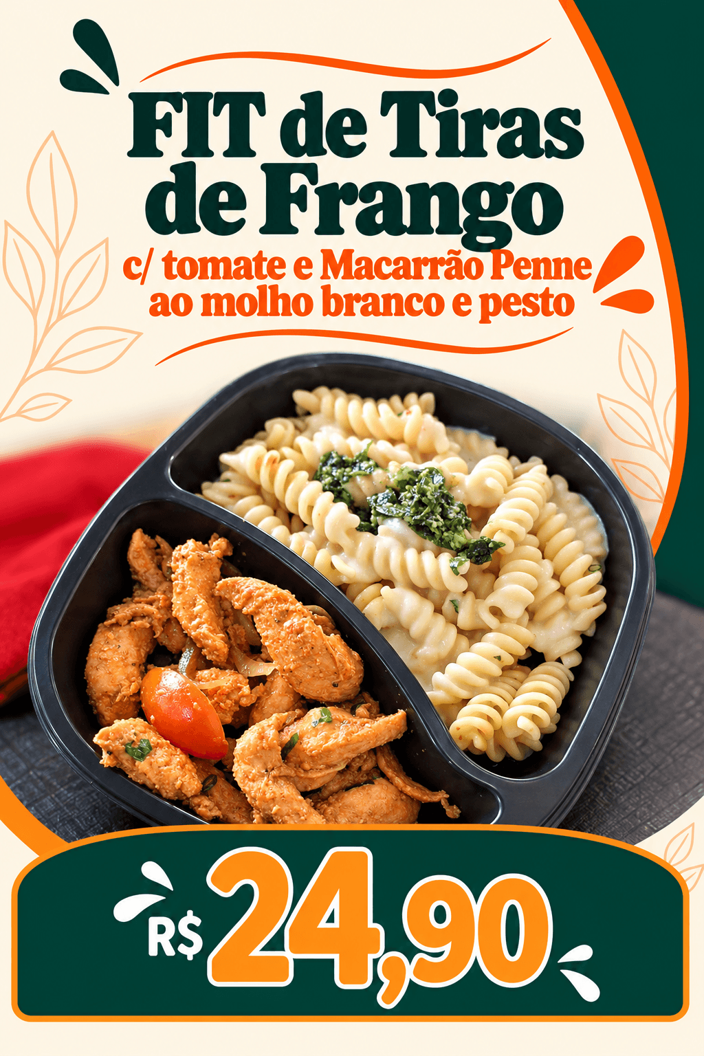 Fit de Tiras de Frango c/ tomate e Penne ao molho branco c/ pesto (300g)
