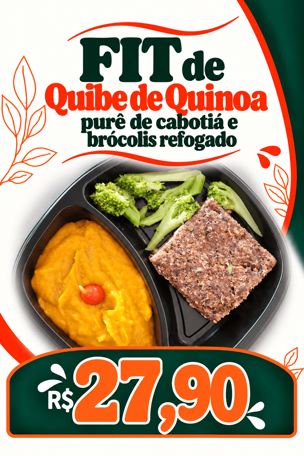 FIT de Quibe de quinoa, purê de cabotiá e brócolis refogado